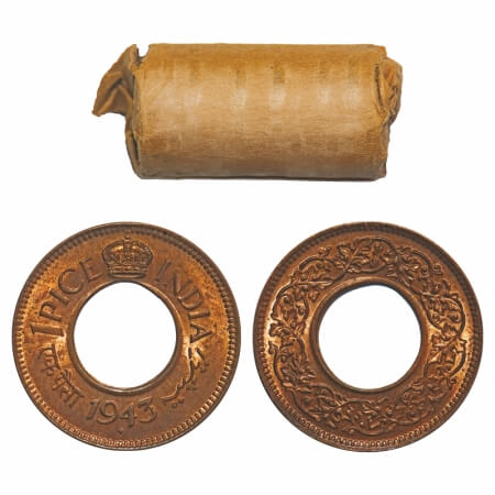 George VI, Bronze, 1 Pice, (Roll of 32 coins), 1943, Bombay Mint, Diamond, Round Crown. 32