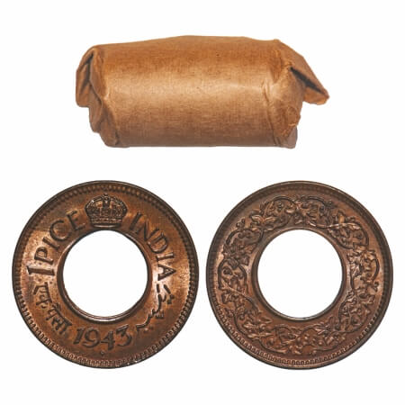 George VI, Bronze, 1 Pice, 1943, (Roll of 24 coins), Bombay Mint, Diamond, Round Crown, 24