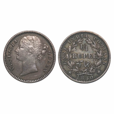 Victoria Queen, Silver, 1/4 Rupee, 1840, DL, Madras Mint, W.W.S raised, Wreath with 10 Ber