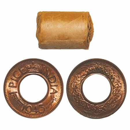George VI, Bronze, 1 Pice, (Roll of 32 coins), 1943, Pretoria Mint, Small dot, High Crown.