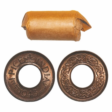 George VI, Bronze, 1 Pice, 1943, (Roll of 24 coins), Pretoria Mint, Small dot, High Crown,