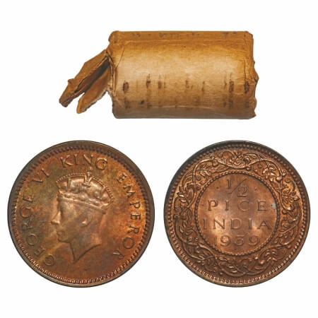 George VI, Bronze, 1/2 Pice, (Roll of 24 coins), 1939, Bombay Mint, Dot, Head Type I. 24 C