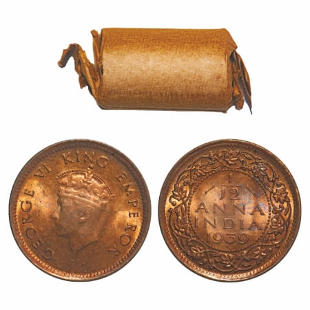 George VI, Bronze, 1/12 Anna, (Roll of 24 coins), 1939, Bombay Mint, Dot, Head Type I. 24 