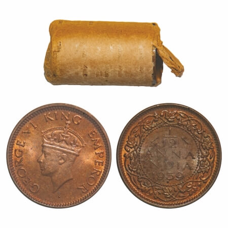 George VI, Bronze, 1/12 Anna, (Roll of 24 coins), 1939, Bombay Mint, Dot, Head Type II. 24