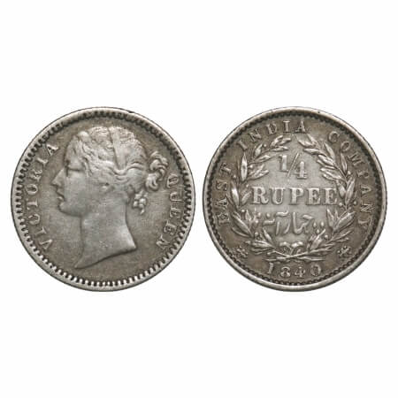 Victoria Queen, Silver, 1/4 Rupee, 1840, DL, Madras Mint, W.W. 'S' raised, Wreath with 10 
