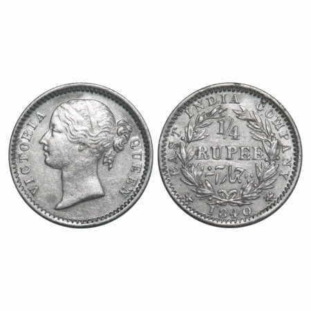 Victoria Queen, Silver, 1/4 Rupee, 1840, DL, Madras Mint, W.W. 'S' raised, Wreath with 10 