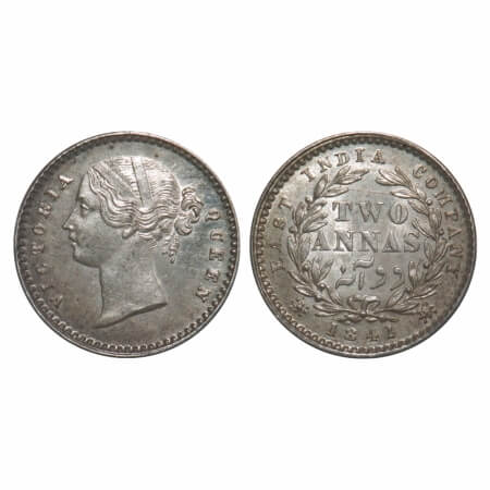 Victoria Queen, Silver, 2 Annas, 1841, DL, Calcutta Mint, W.W. raised, Wreath with 9 Berri