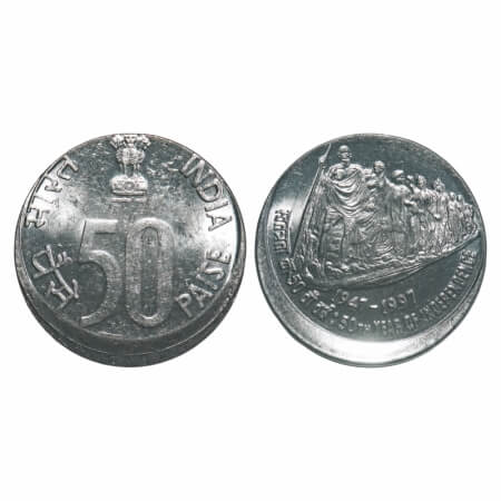50 Paise, 1997, FSS, Calcutta Mint, 1947-1997, 150 years of Independence. Error: die shift