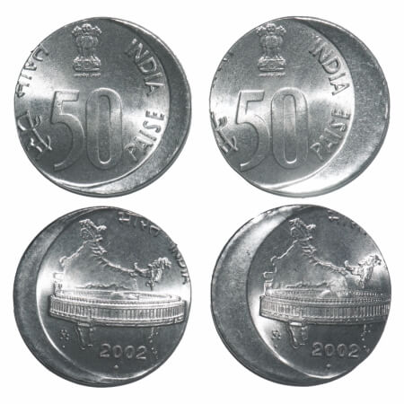 50 Paise, (2 Coins), FSS, 2002 Bombay Mint, Misalinged die , 10 & 15 %. Uncirculated, Scar