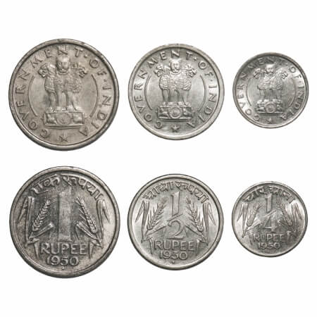 1, 1/2, 1/4 Rupee (3 Coins). 1950, Nickel, Bombay Mint. Uncirculated, Rare.