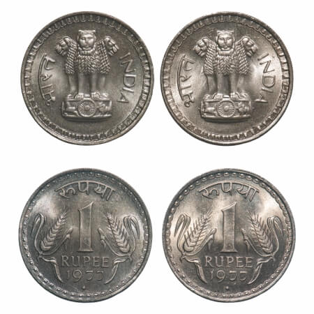 1 Rupee, (2 Coins). 1977, Cu-Ni, Bombay Mint. Two different lions on obverse. Uncirculated