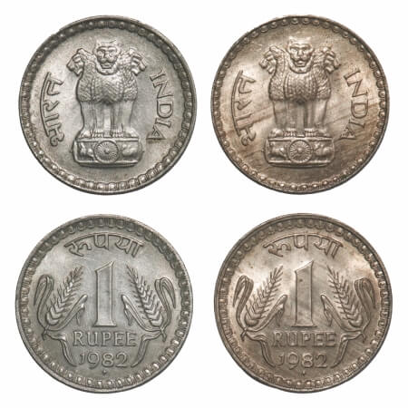 1 Rupee, (2 Coins), 1982, Cu-Ni, Bombay Mint, two different lions on obverse. Uncirculated