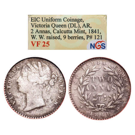 Victoria Queen, Silver, 2 Annas, 1841, DL, Calcutta Mint, W.W. raised, Wreath with 9 Berri
