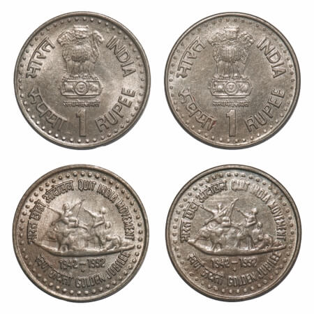 1 Rupee, (2 Coins), 1992, Cu-Ni, Quit India Movemant Golden Jubilee, Bombay mint, 1) large