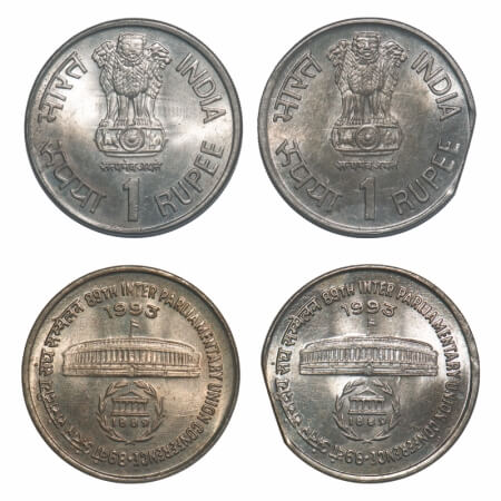 1 Rupee, (2 Coins), 1993, Cu-Ni, 89th Inter Parliamentary Union Conference, normal & Error