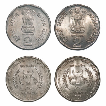 2 Rupees (2 Coins), 1985, Cu-Ni, Agri Expo 1985, Bombay Mint, 1) normal lion, 2) type 'C' 