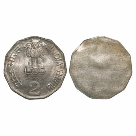 2 Rupees, (1992-2004), Cu-Nic, Lion Variety A, Error: uniface. Uncirculated, Scarce.