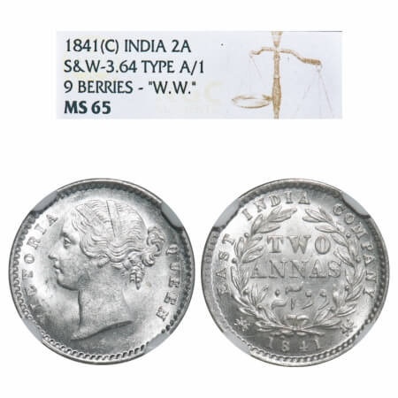 Victoria Queen, Silver, 2 Annas, 1841, DL, Calcutta Mint, W.W. raised, Wreath with 9 Berri