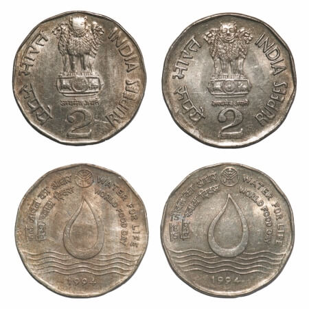 2 Rupees, (2 Coins), 1994, Cu-Ni, Water For Life, Calcutta Mint, 1) 2A obv. 2) 2B obv, die