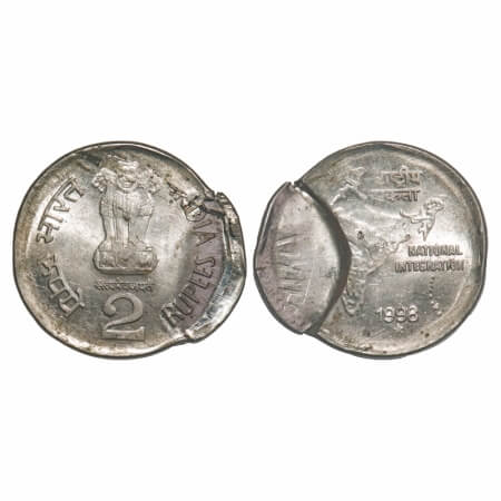 2 Rupees, 1998, Cu-Nic, Hyderabad Mint, Error: Indent struck. Uncirculated, Scarce.