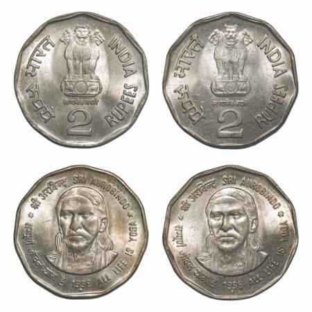 2 Rupees, (2 Coins), 1998, Cu-Ni, Sri Aurobindo, All life is Yoga, Bombay Mint, Mule, two 