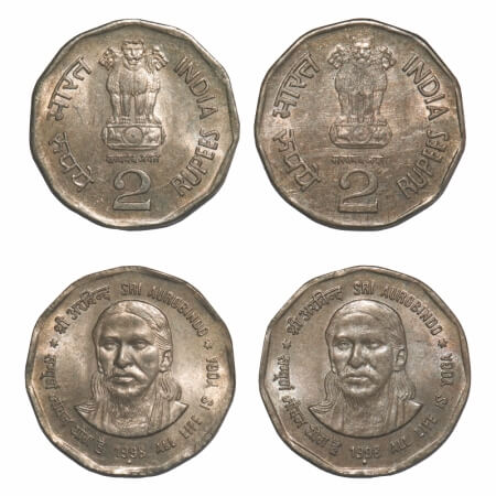 2 Rupees, (2 Coins), 1998, Cu-Ni, Sri Aurobindo, Bombay Mint, 1) 2C obv, 2) 2D obv, die va