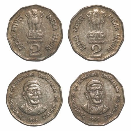 2 Rupees, (2 Coins), 1998, Cu-Ni, Deshbandhu Chitaranjan Das, Noida Mint, two different li