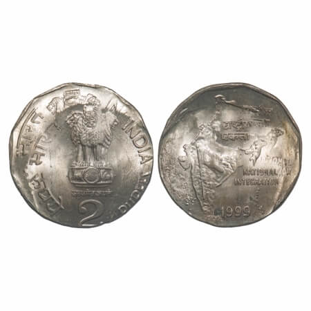 2 Rupees, 1999, Cu-Nic, Calcutta Mint, Error: Double struck. Uncirculated, Scarce.