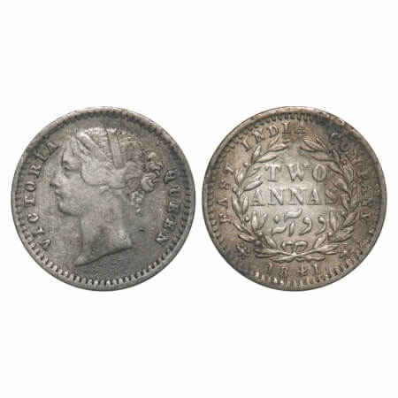 Victoria Queen, Silver, 2 Annas, 1841, DL, Bombay Mint, .W.W raised, Wreath with 9 Berries