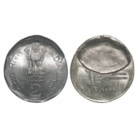 2 Rupees, 1999, Cu-Nic, Calcutta Mint, Error: Indent struck Misalingned die. Uncirculated,