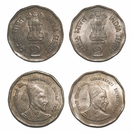 2 Rupees, (2 Coins), 1999, Cu-Ni, Chhatrapati Shivaji, Bombay Mint, 1) large legend, 2) sm