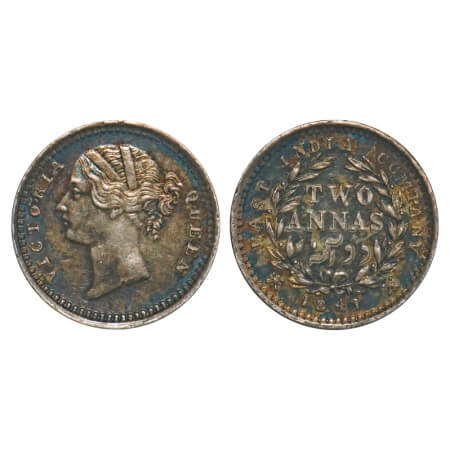 Victoria Queen, Silver, 2 Annas, 1841, DL, Bombay Mint, .W.W raised, Wreath with 9 Berries
