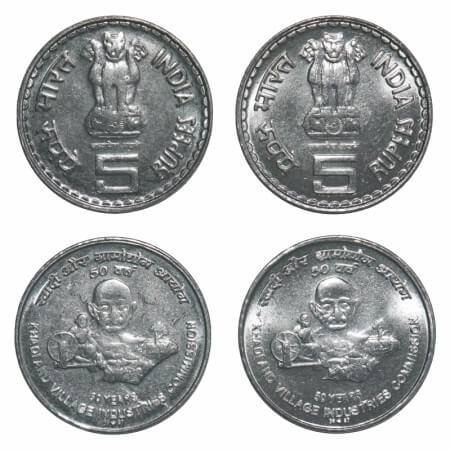 5 Rupees. (2 Coins), 2007, FSS, 50 Years of Khadi & Village Industries commission. Bombay 