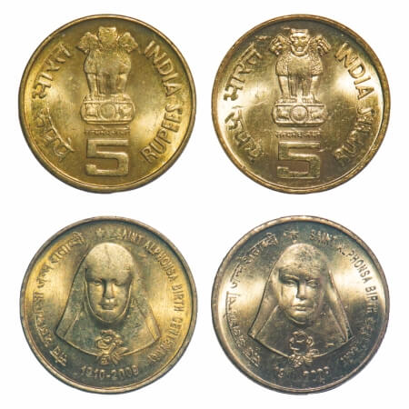 5 Rupees, (2 Coins), 2009, Brass, Saint Alphonso Birth Centenary, Calcutta Mint, Mule, two