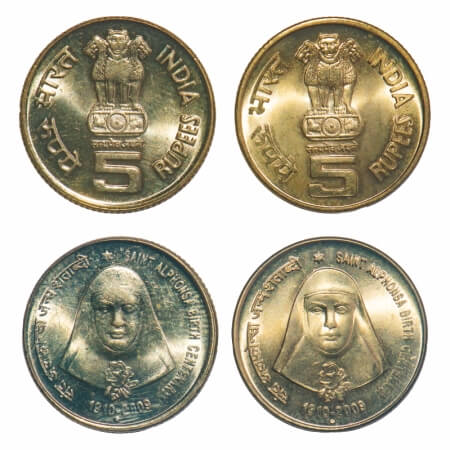 5 Rupees, (2 Coins), 2009, Brass, Saint Alphonso Birth Centenary, Bombay Mint, Mule, two d