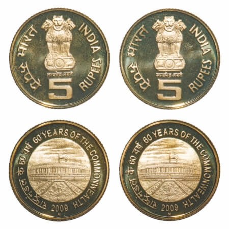 5 Rupees, 2009, Nickel-Brass, Proof, (2 Coins), 60 Years of the common wealth. Mumbai Mint