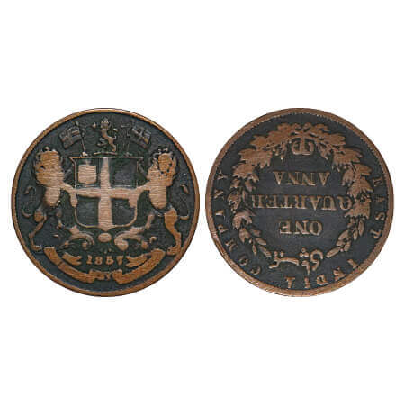Victoria Queen, Copper, Quarter Anna, 1857, R. Heaton & Sons, Birmingham Mint, Single leaf