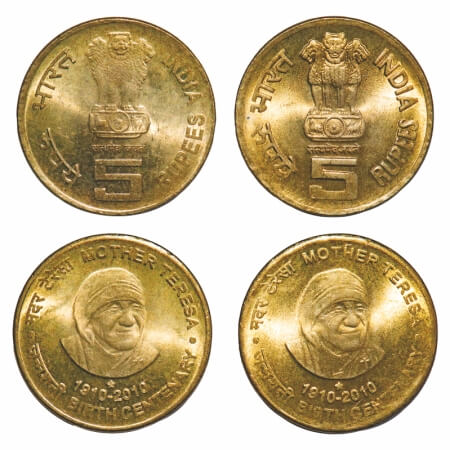 5 Rupees, (2 Coins), 2010, Brass, Mother Teresa Birth Centenary, Hyderabad Mint, Mule, two