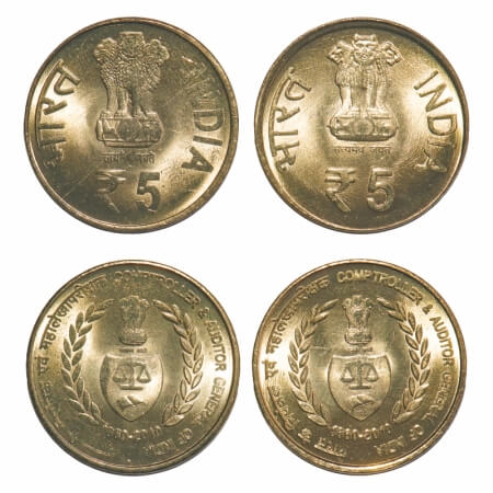 5 Rupees, (2 Coins), 2010, Brass, Comptroller & Auditor General of India, Calcutta Mint, M