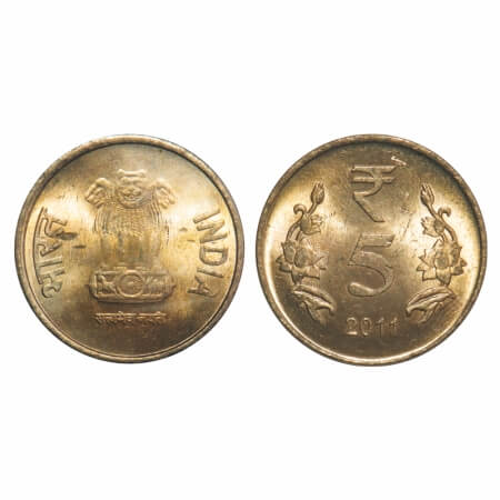 5 Rupees, 2011, Br-Ni, Obv: (lion) 1 Rupee die struck on 5 Rupees, Calcutta Mint. Uncircul