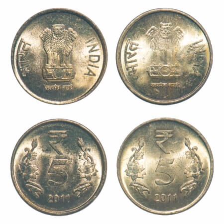 5 Rupees, (2 Coins), 2011, Brass, Calcutta Mint, Mule, 1 Rupee die struck on obverse and o
