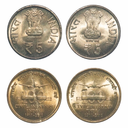 5 Rupees, (2 Coins), 2011, Brass, 100 Years of Civil Aviation India. Calcutta Mint, Mule, 