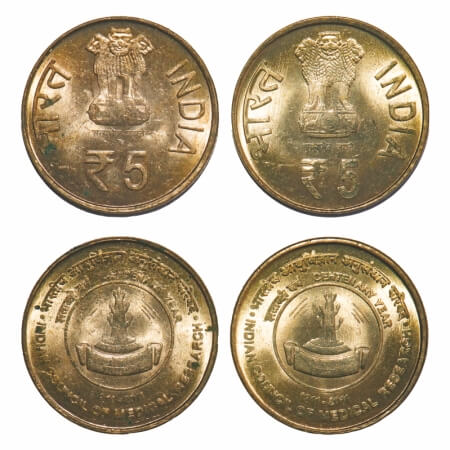 5 Rupees, (2 Coins), 2011, Brass, Indian Council of Medical Research, Calcutta Mint, Mule,