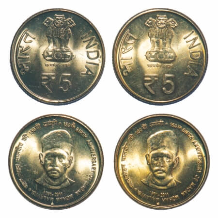 5 Rupees, (2 Coins), 2011, Brass, Madan Mohan Malviya, (Mumbai) M Mint mark & normal diamo