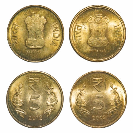 5 Rupees, (2 Coins), 2012, Brass, Calcutta Mint, Mule, two different lions type. Uncircula