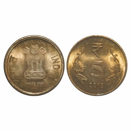 5 Rupees, 2012, Br-Ni, Obv: (lion) 1 Rupee die struck on 5 Rupees, Calcutta Mint. Uncircul