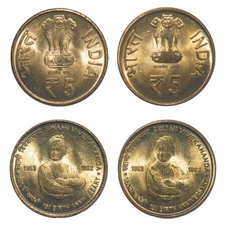 5 Rupees, 2013, (Brass, 150 Birth Centenary Swami Vivekananda, Kolkata Mint. Mule, two dif