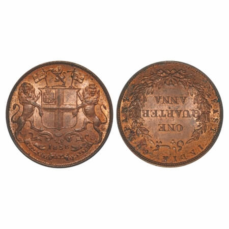 Victoria Queen, Copper, Quarter Anna, 1858, J. Watt & Co., Birmingham Mint, Single leaf, Y