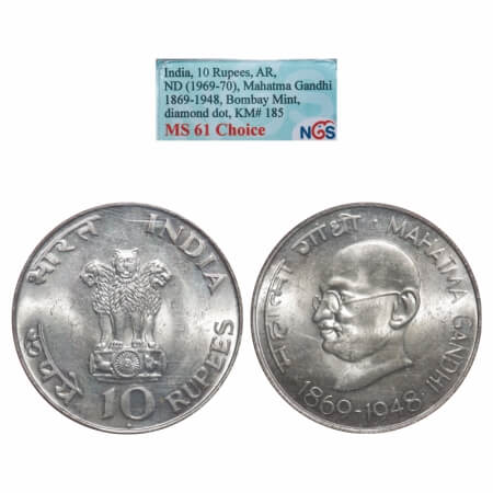 10 Rupees, 1969, Silver (80%), Mahatma Gandhi Centenary (1869-1948), Bombay mint. NGS slab