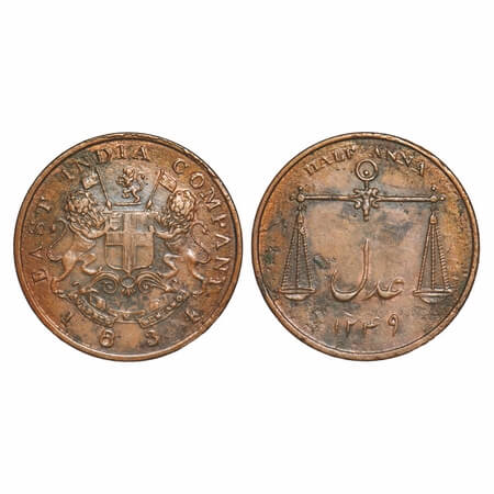 Bombay Presidency, Copper ½ Anna, 12.88g, 1834 AD, Obv: Arms of Eic Company, Rev: Scales o